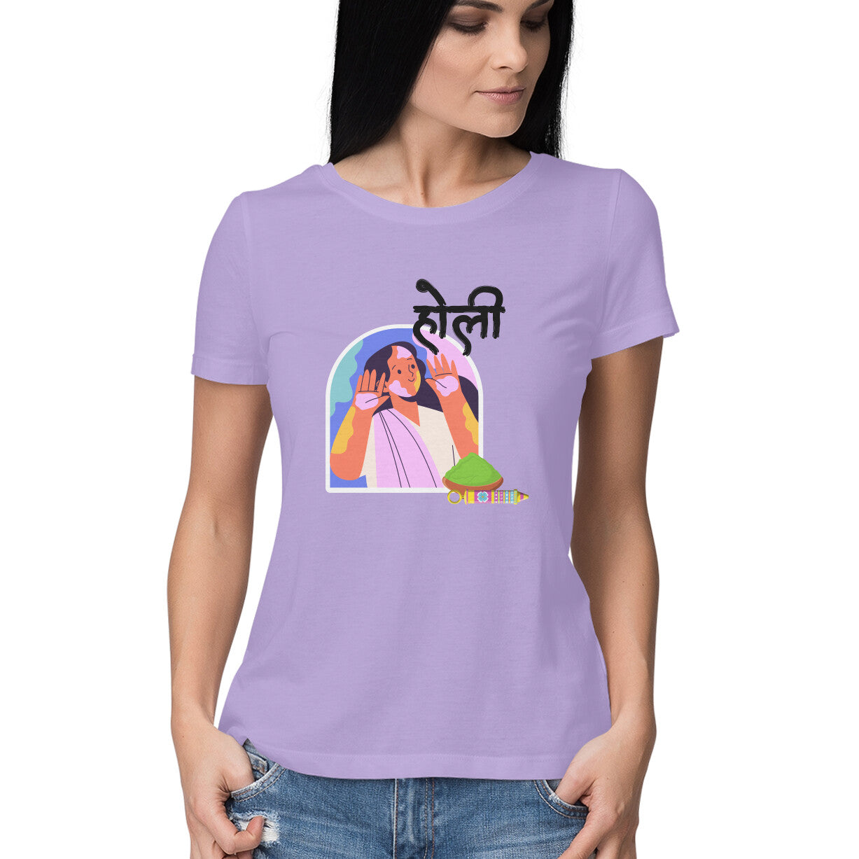 Traditional Elegance: Women's Round Neck T-Shirt with Holi Festival Girl Design