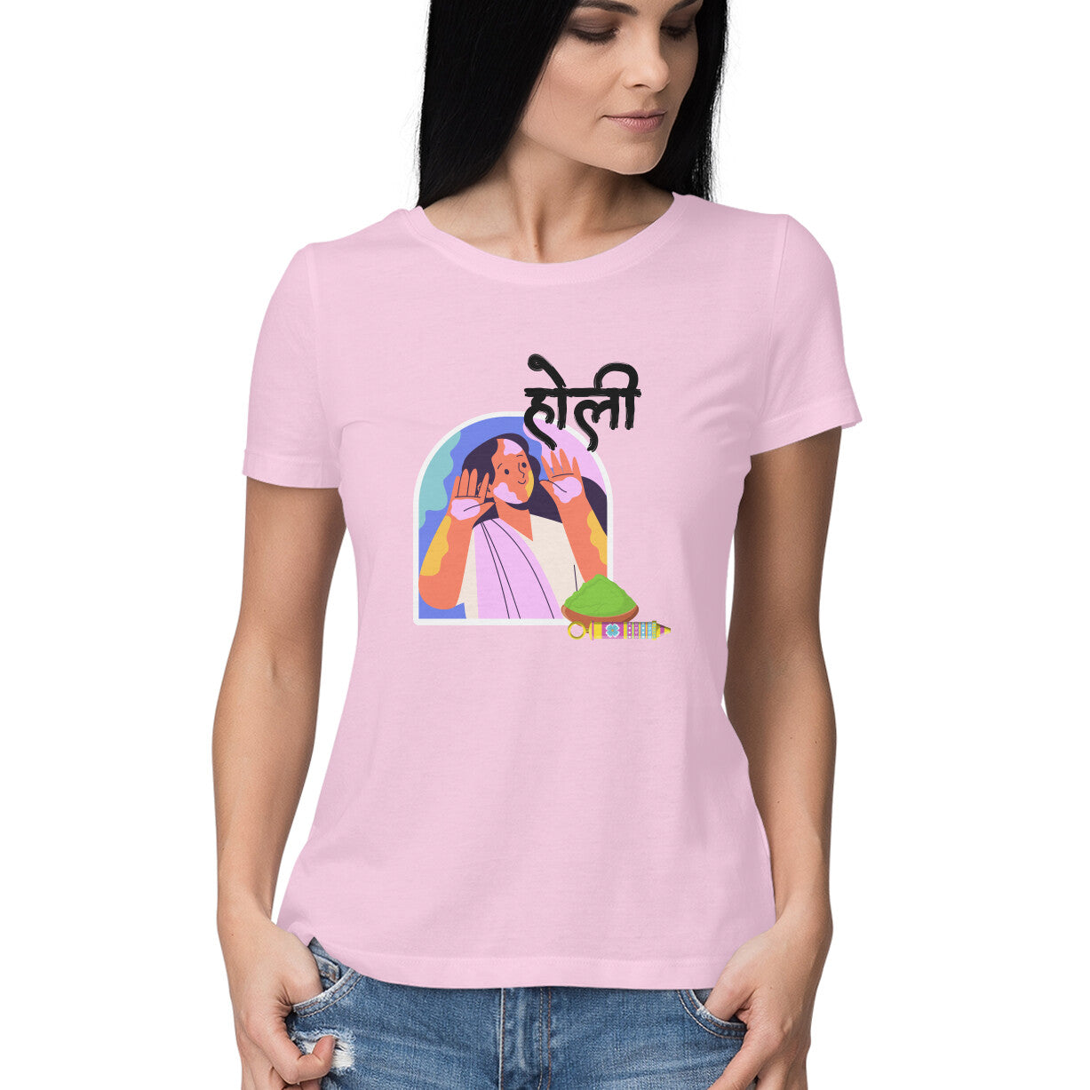 Traditional Elegance: Women's Round Neck T-Shirt with Holi Festival Girl Design