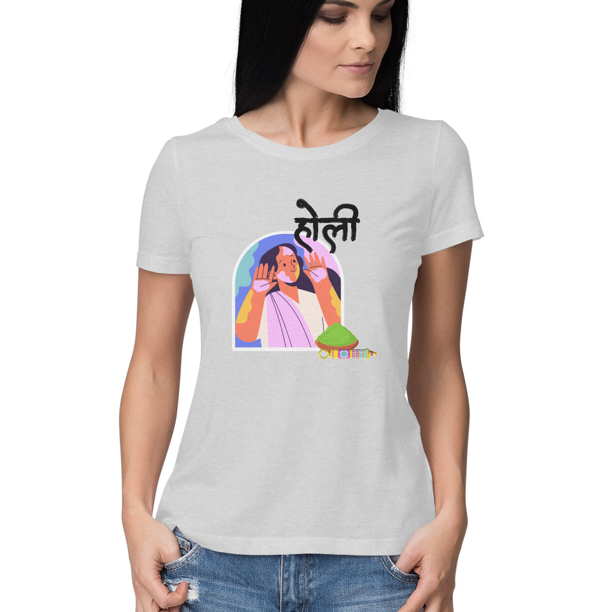 Traditional Elegance: Women's Round Neck T-Shirt with Holi Festival Girl Design