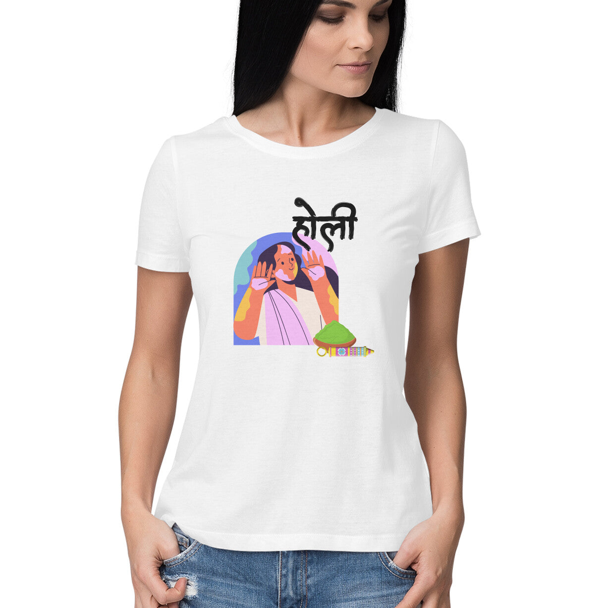 Traditional Elegance: Women's Round Neck T-Shirt with Holi Festival Girl Design