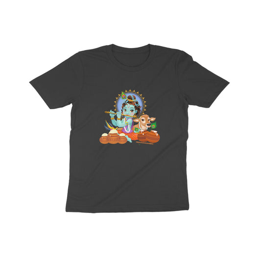 Janmashtami Collection: Kid's Round Neck T-Shirt with Baby Shri Krishna Playing Flute Design