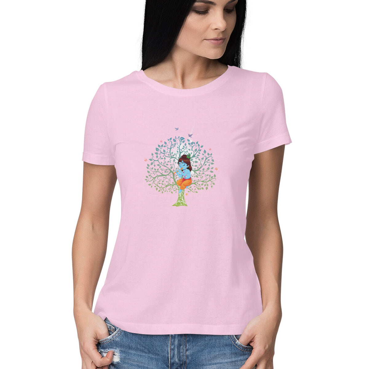 Janmashtami Special: Women's Round Neck T-Shirt Featuring Baby Shri Krishna Sitting on a Tree
