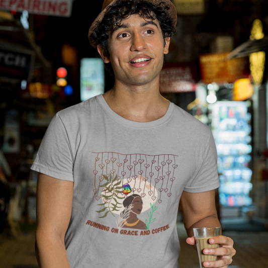 Running on Grace and Coffee: Men's Round Neck T-Shirt for Coffee Lovers