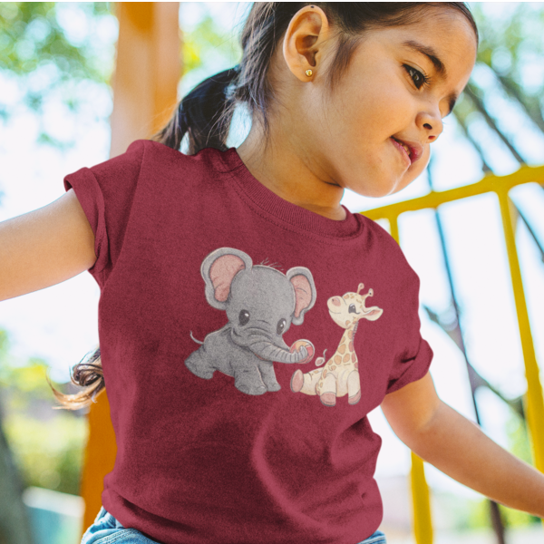 Adorable Playmates: Toddler's Round Neck T-Shirt with Baby Giraffe and Elephant Design