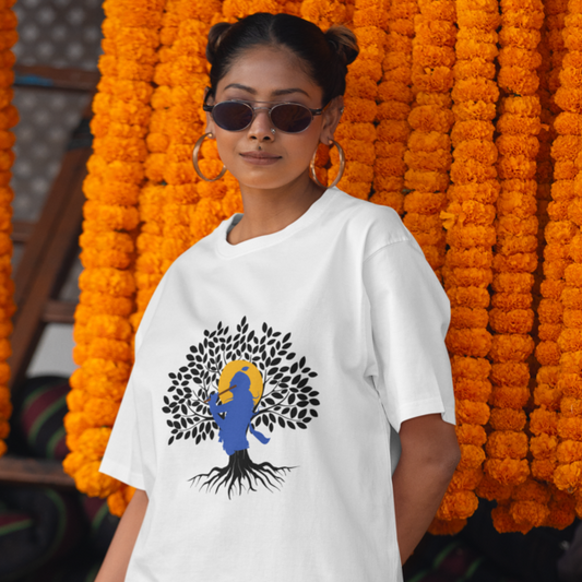 Janmashtami Collection: Women's Round Neck T-Shirt with Shri Krishna Tree of Life Design