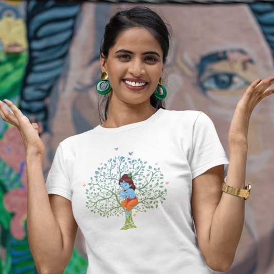 Janmashtami Special: Women's Round Neck T-Shirt Featuring Baby Shri Krishna Sitting on a Tree