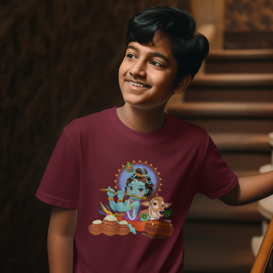 Janmashtami Collection: Kid's Round Neck T-Shirt with Baby Shri Krishna Playing Flute Design