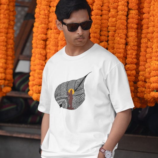 Janmashtami Collection: Men's Round Neck T-Shirt with Shri Krishna on a Leaf Design