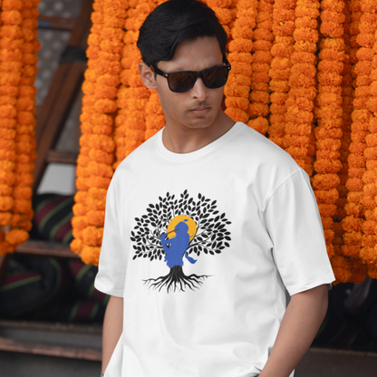 Janmashtami Collection: Men's Round Neck T-Shirt with Shri Krishna Tree of Life Design