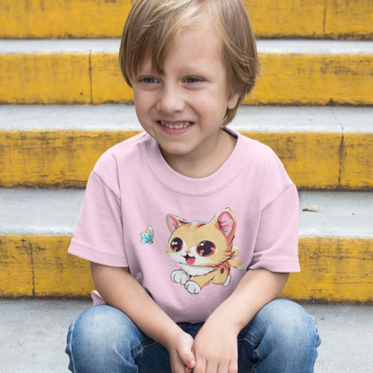 Adorable Cat Chasing Butterfly: Toddler's Round Neck T-Shirt