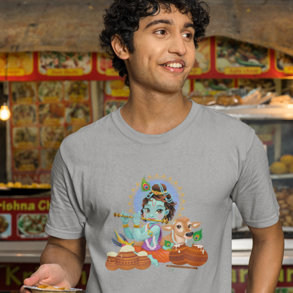 Janmashtami Special: Men's Round Neck T-Shirt with Baby Shri Krishna Playing Flute Design