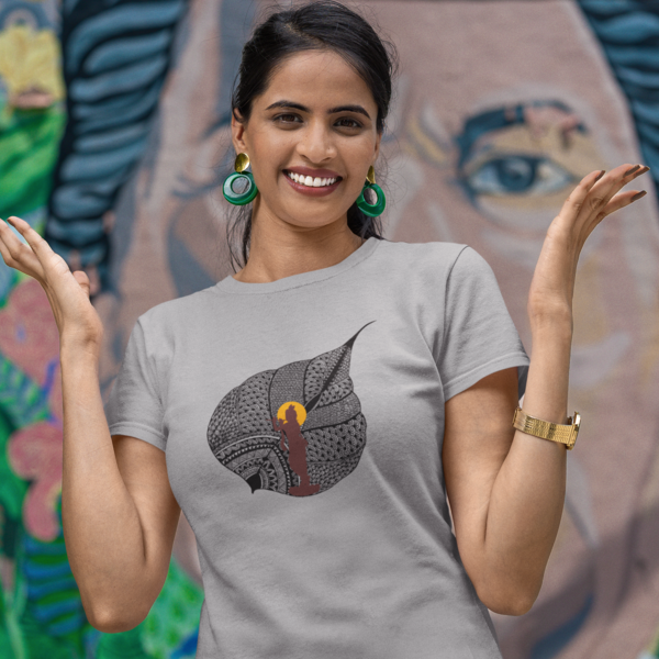 Janmashtami Collection: Women's Round Neck T-Shirt with Shri Krishna on a Leaf Design