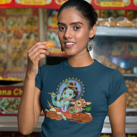 Janmashtami Collection: Women's Round Neck T-Shirt with Baby Shri Krishna Playing Flute Design