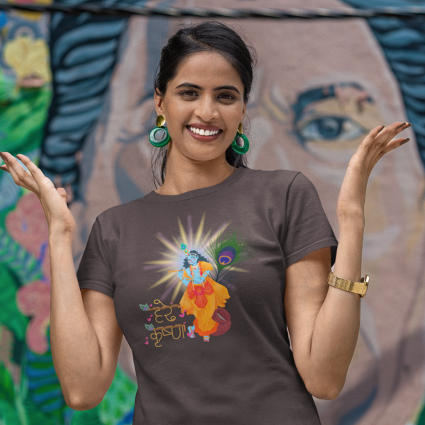 Janmashtami Collection: Women's Round Neck T-Shirt with Shri Krishna Divine Design