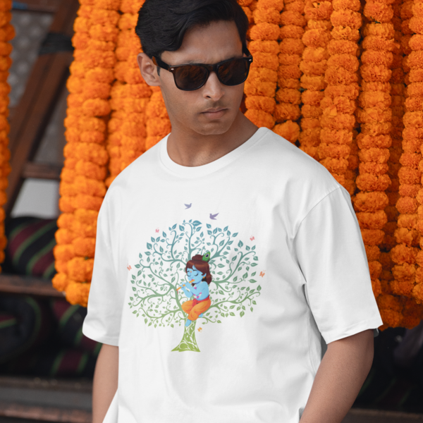 Divine Janmashtami Collection: Men's Round Neck T-Shirt with Baby Shri Krishna Sitting on a Tree Design