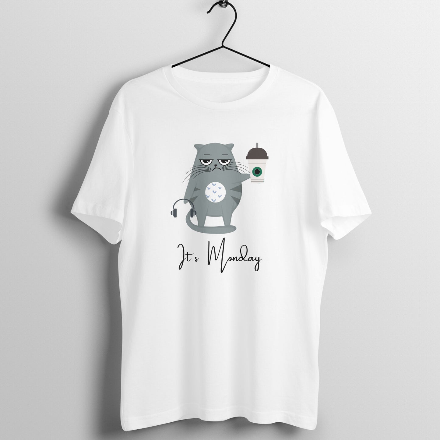 Monday Caffeine Cat Tee: Men's Round Neck T-Shirt - Kickstart Your Week in Style