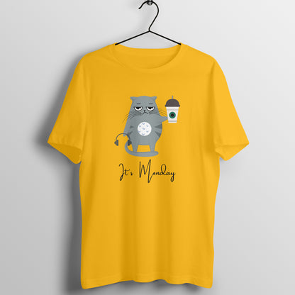 Monday Caffeine Cat Tee: Men's Round Neck T-Shirt - Kickstart Your Week in Style