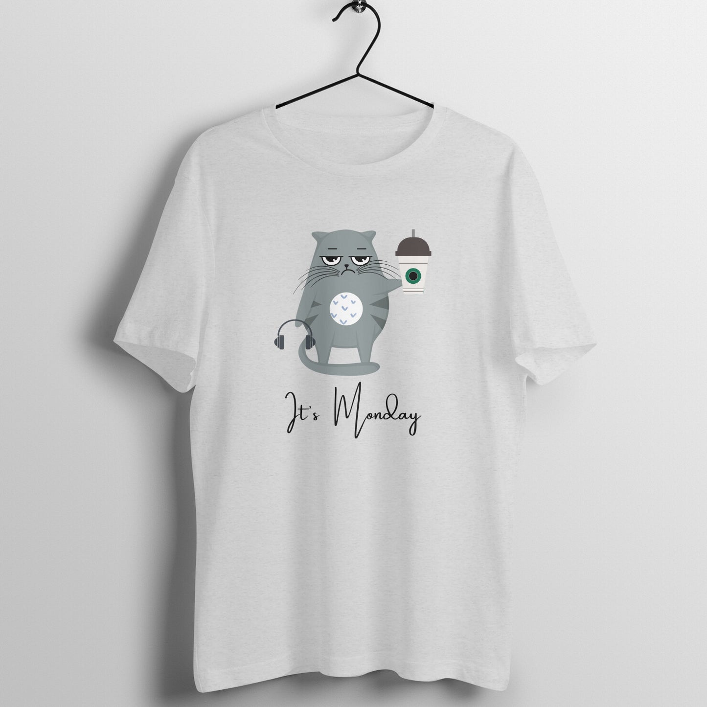 Monday Caffeine Cat Tee: Men's Round Neck T-Shirt - Kickstart Your Week in Style