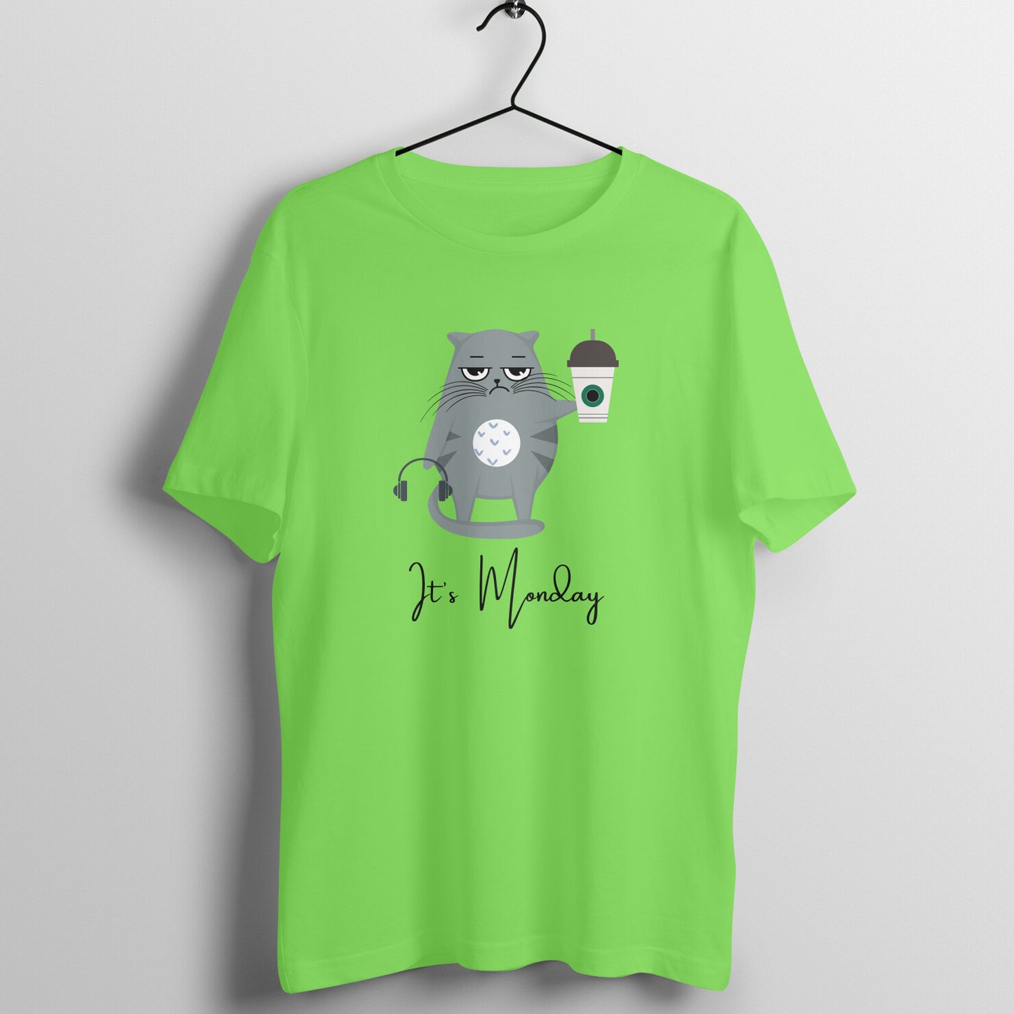 Monday Caffeine Cat Tee: Men's Round Neck T-Shirt - Kickstart Your Week in Style