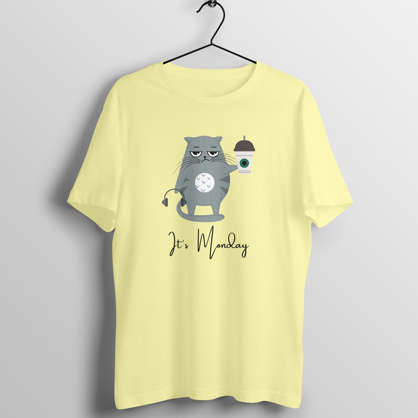 Monday Caffeine Cat Tee: Men's Round Neck T-Shirt - Kickstart Your Week in Style