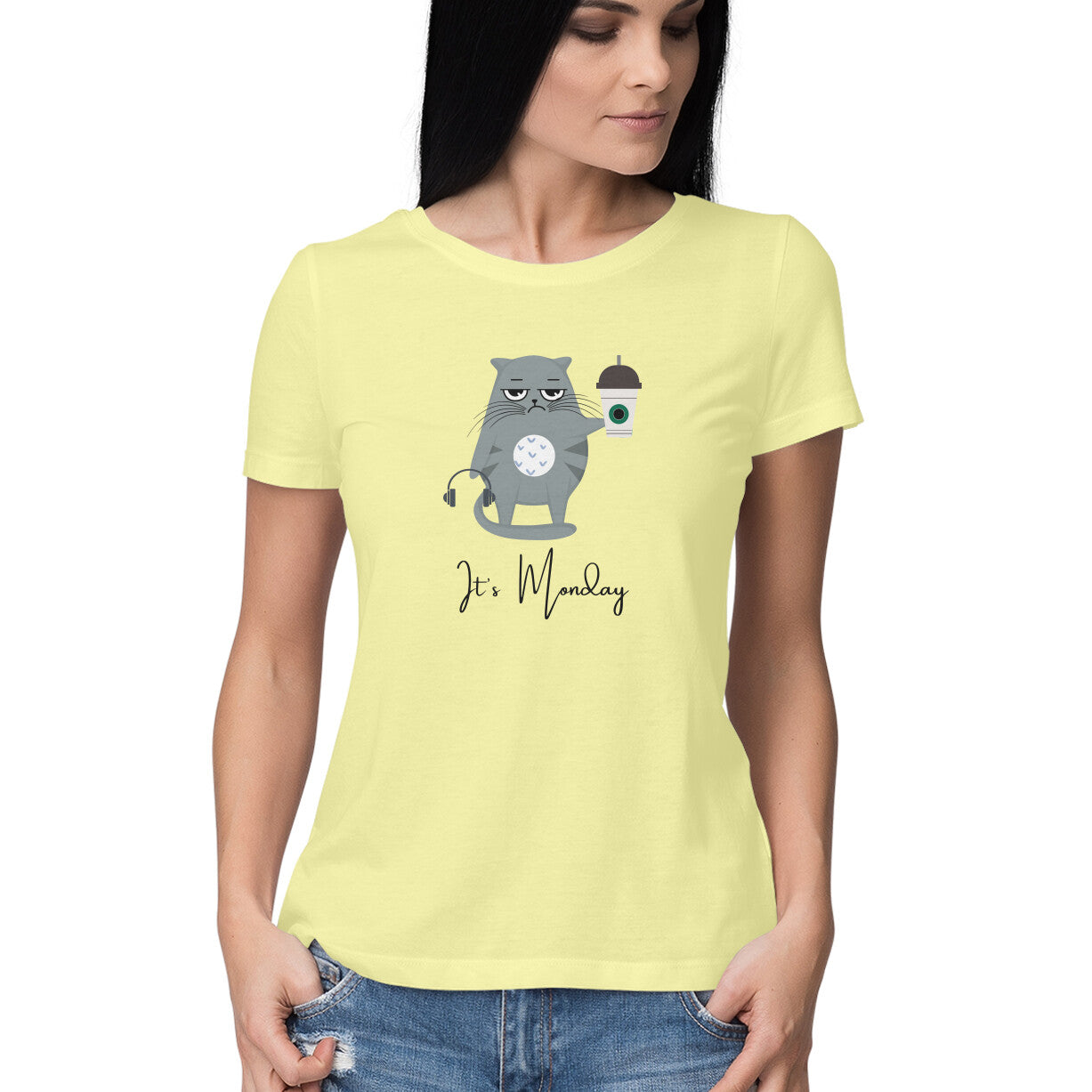 Cat with Coffee: Quirky Women's Round Neck T-Shirt for Monday Blues