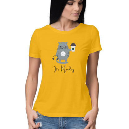 Cat with Coffee: Quirky Women's Round Neck T-Shirt for Monday Blues