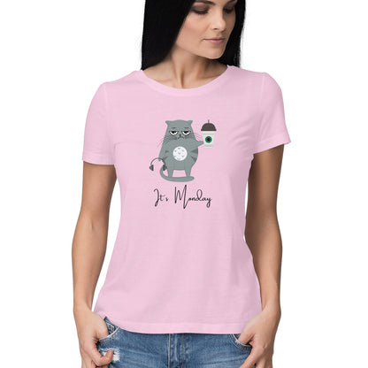 Cat with Coffee: Quirky Women's Round Neck T-Shirt for Monday Blues