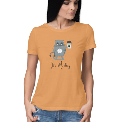 Cat with Coffee: Quirky Women's Round Neck T-Shirt for Monday Blues