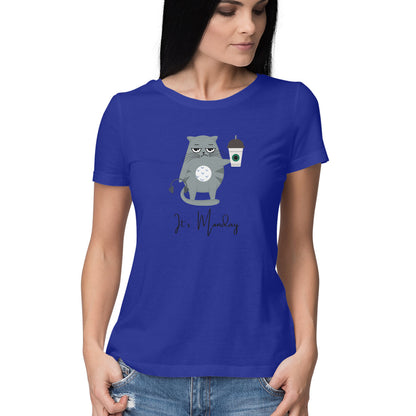 Cat with Coffee: Quirky Women's Round Neck T-Shirt for Monday Blues