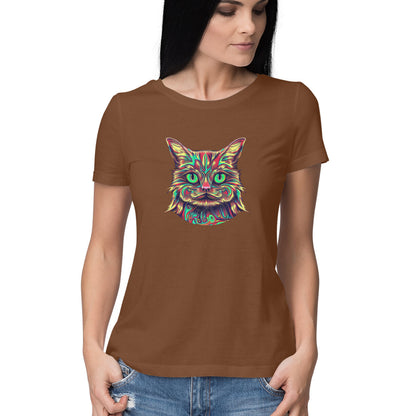 Psychedelic Cat: Vibrant Women's Round Neck T-Shirt for Eclectic Style