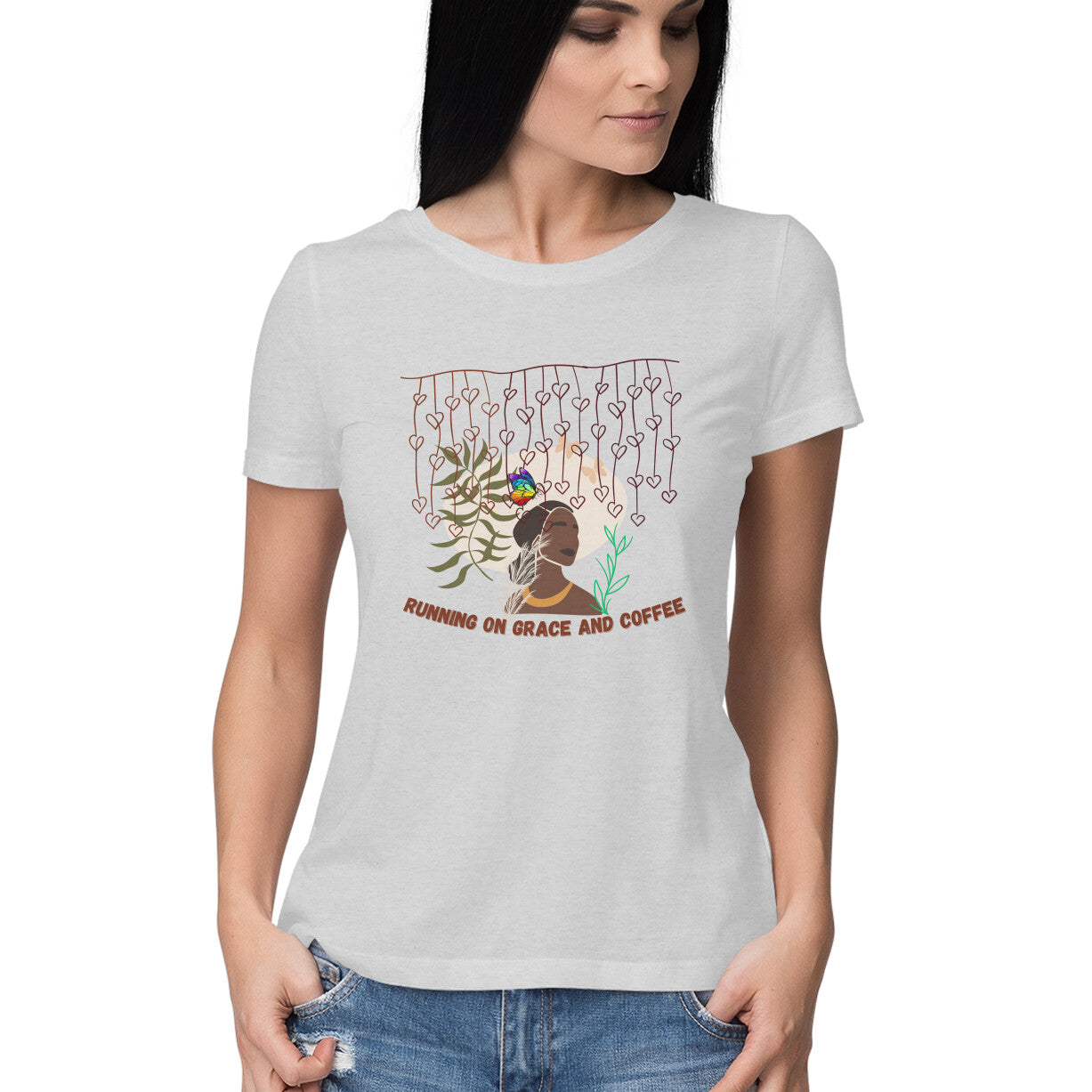 Running on Grace and Coffee: Women's Round Neck T-Shirt for Caffeine Enthusiasts