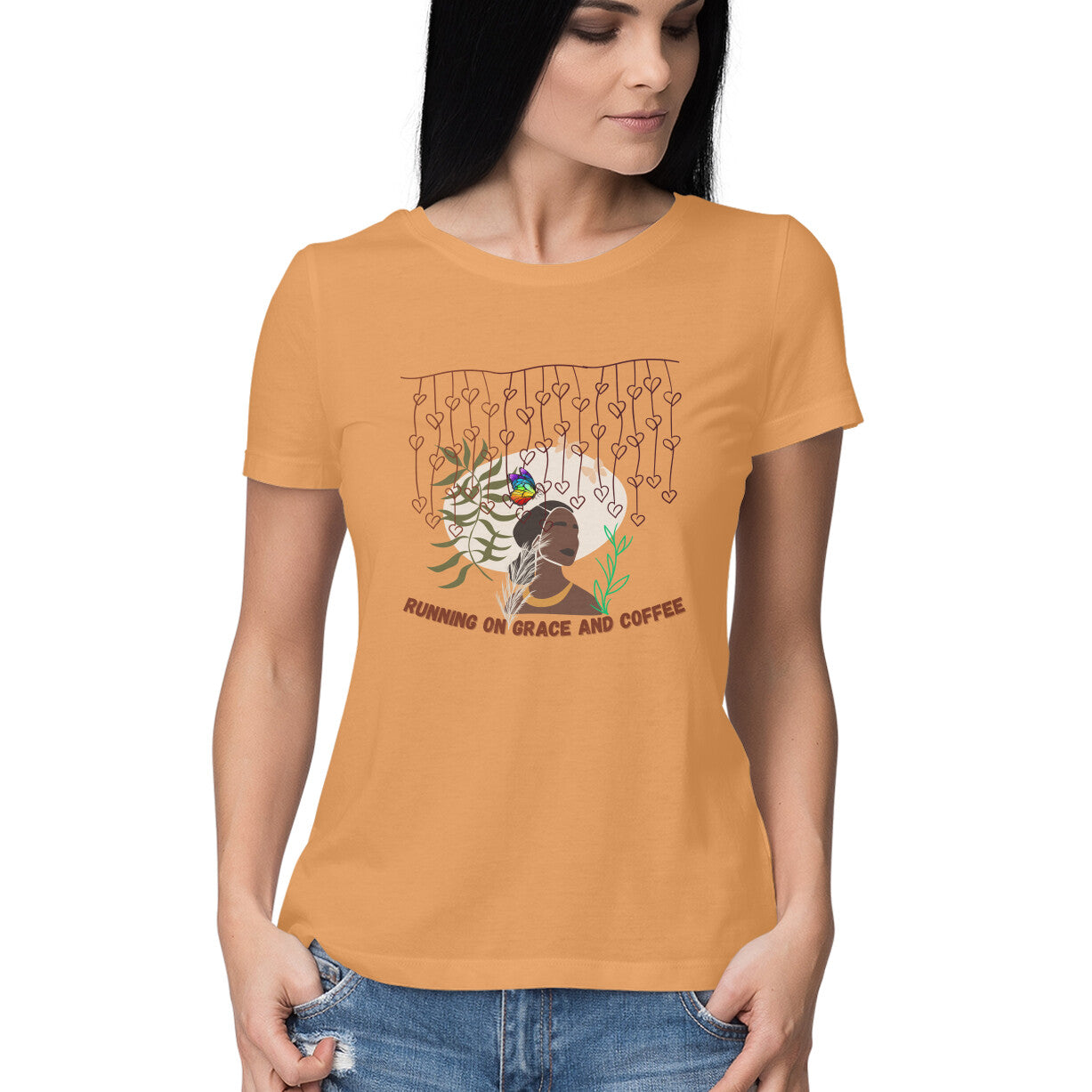 Running on Grace and Coffee: Women's Round Neck T-Shirt for Caffeine Enthusiasts