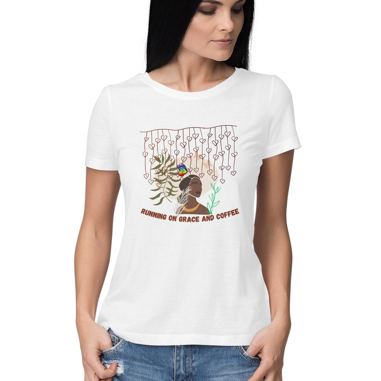 Running on Grace and Coffee: Women's Round Neck T-Shirt for Caffeine Enthusiasts