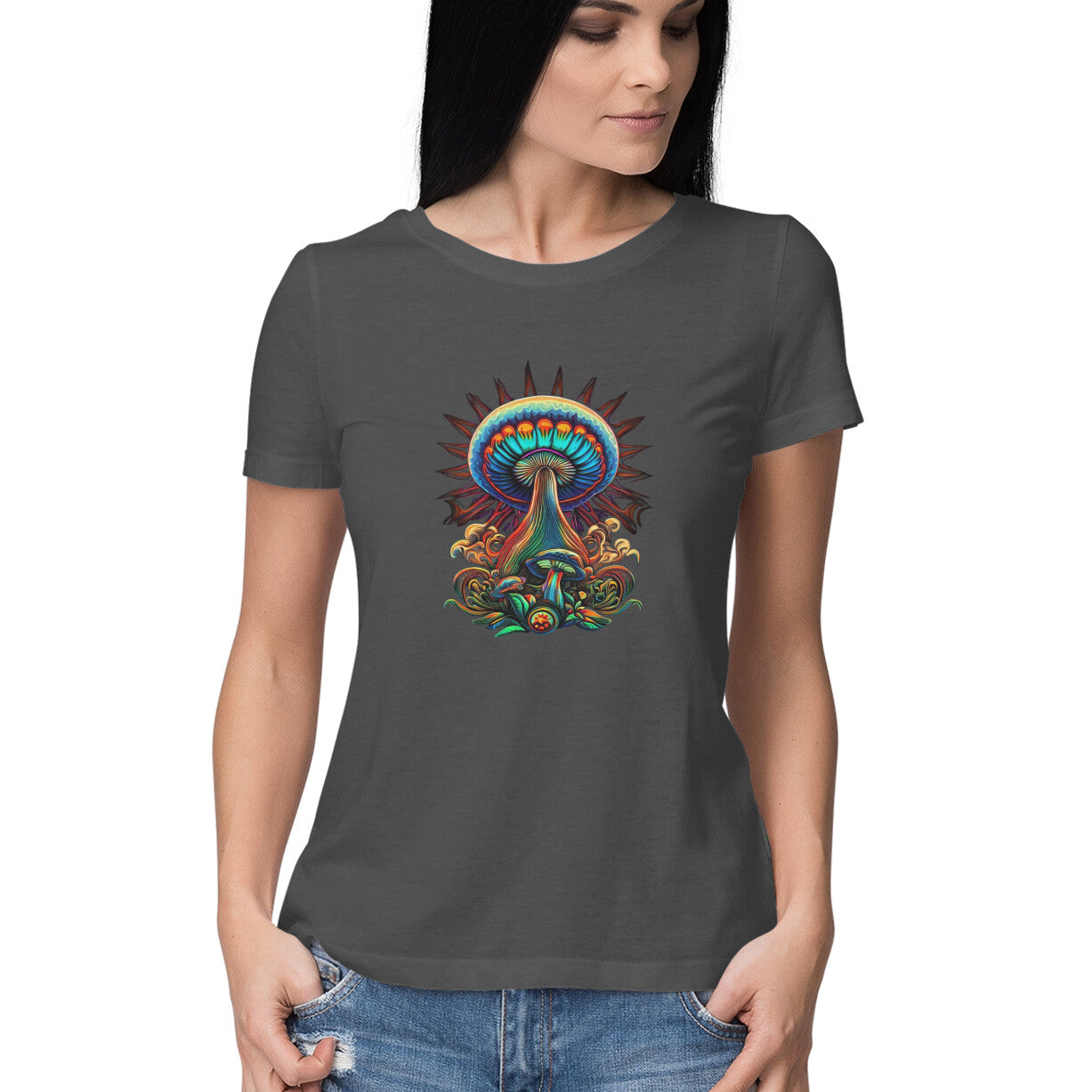 Psychedelic Mushroom: Women's Round Neck T-Shirt for Trippy Style