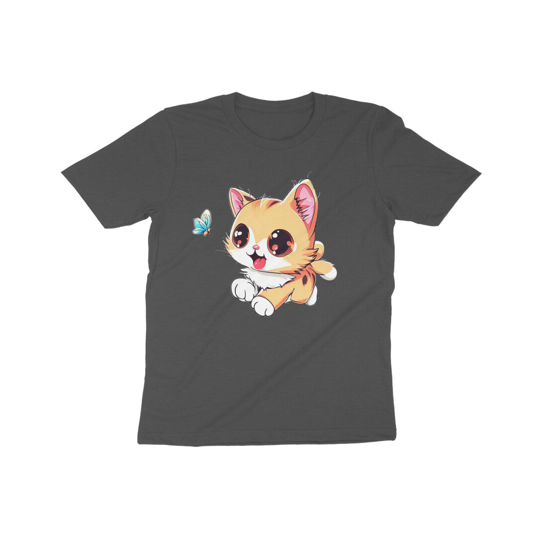 Whimsical Cat Chasing Butterfly: Kid's Round Neck T-Shirt - Adorable Design