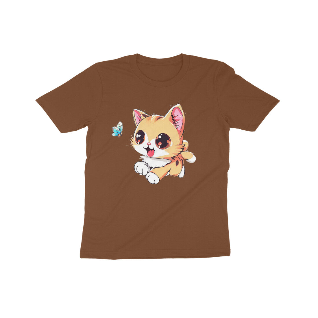 Whimsical Cat Chasing Butterfly: Kid's Round Neck T-Shirt - Adorable Design