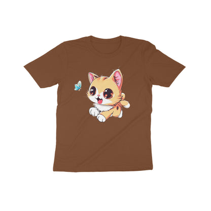 Whimsical Cat Chasing Butterfly: Kid's Round Neck T-Shirt - Adorable Design