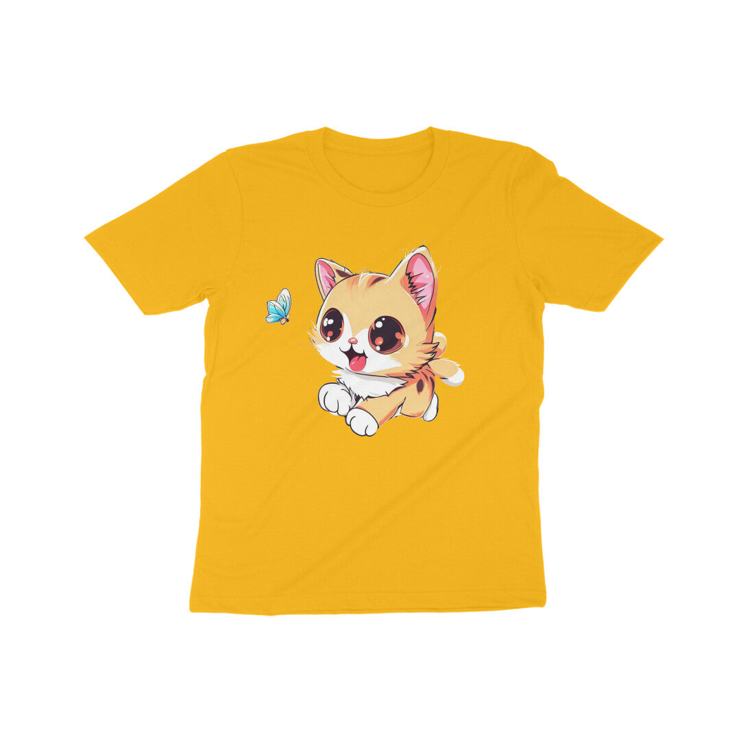 Whimsical Cat Chasing Butterfly: Kid's Round Neck T-Shirt - Adorable Design