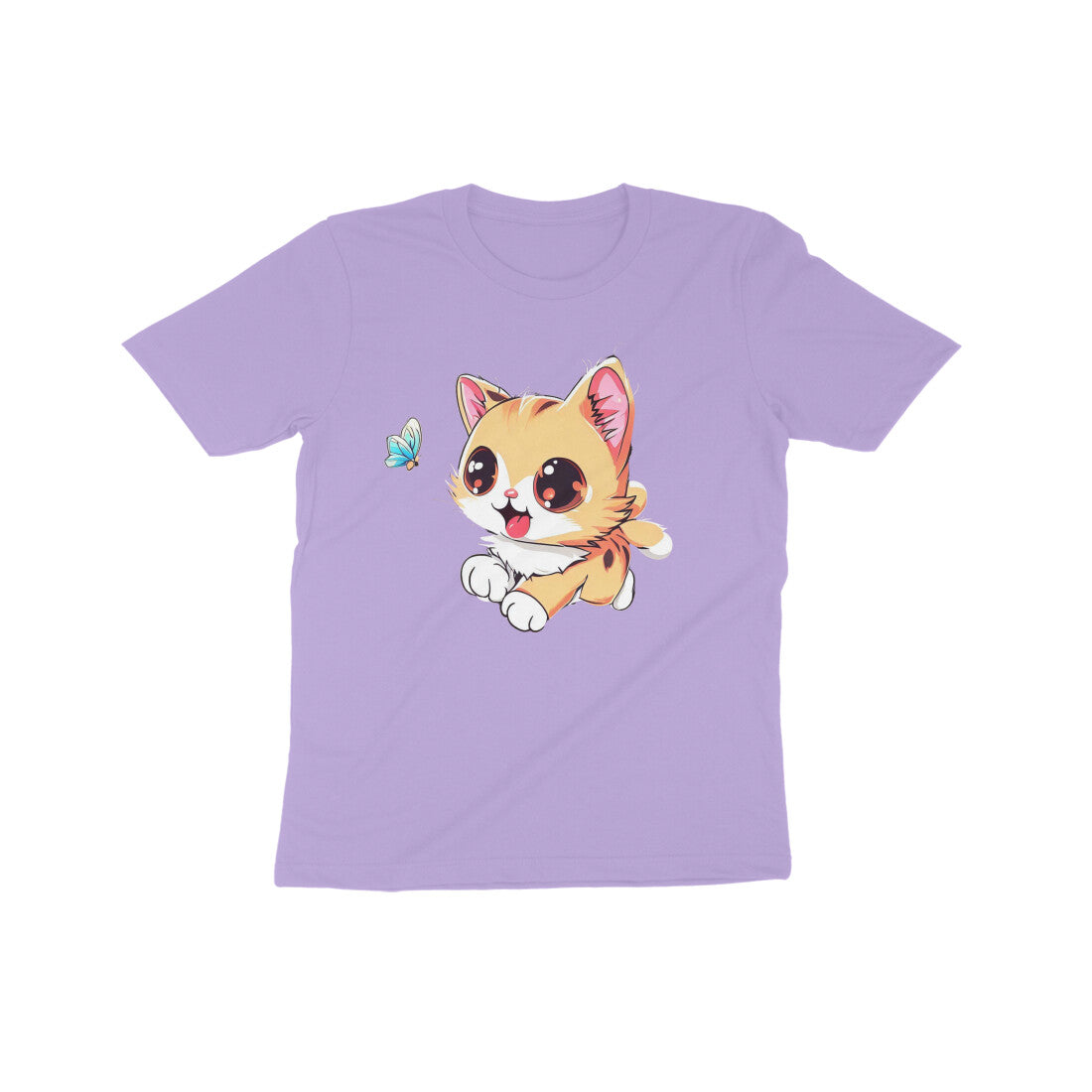 Whimsical Cat Chasing Butterfly: Kid's Round Neck T-Shirt - Adorable Design