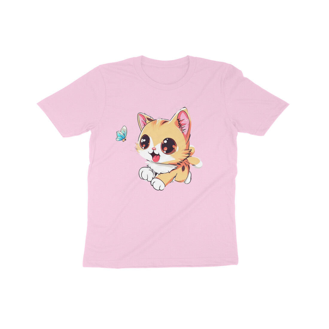 Whimsical Cat Chasing Butterfly: Kid's Round Neck T-Shirt - Adorable Design