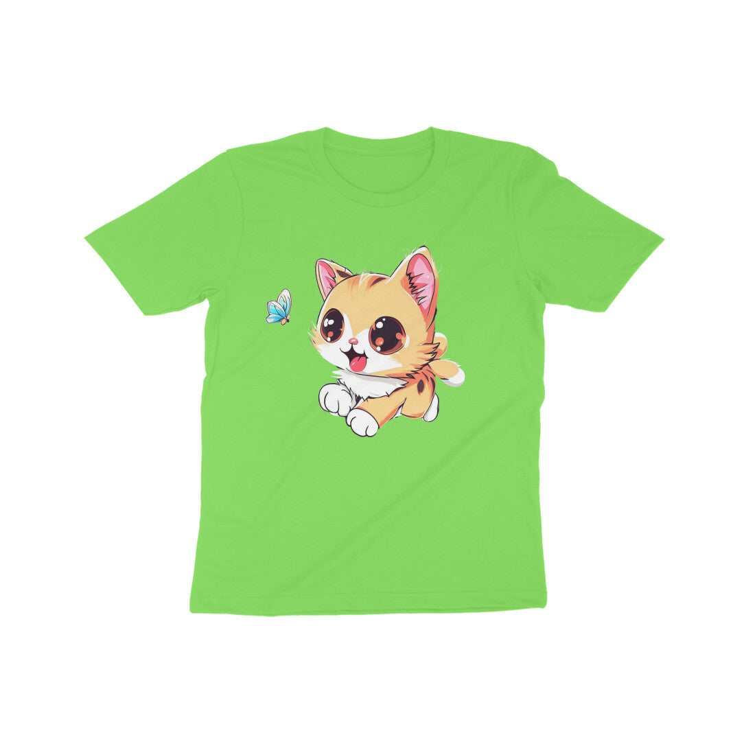 Whimsical Cat Chasing Butterfly: Kid's Round Neck T-Shirt - Adorable Design
