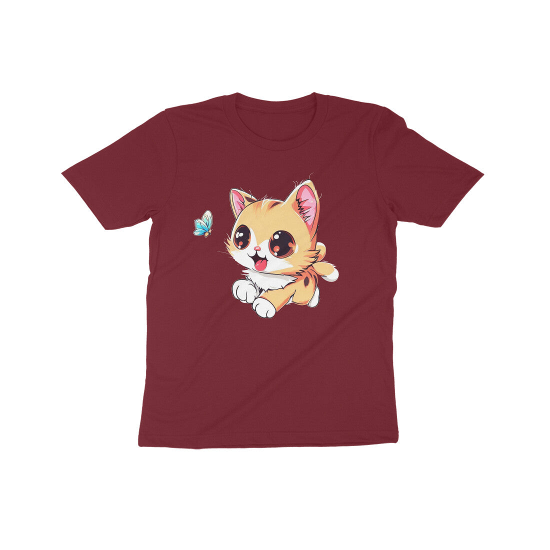 Whimsical Cat Chasing Butterfly: Kid's Round Neck T-Shirt - Adorable Design