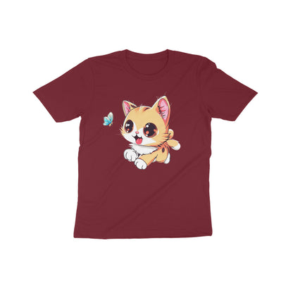Whimsical Cat Chasing Butterfly: Kid's Round Neck T-Shirt - Adorable Design