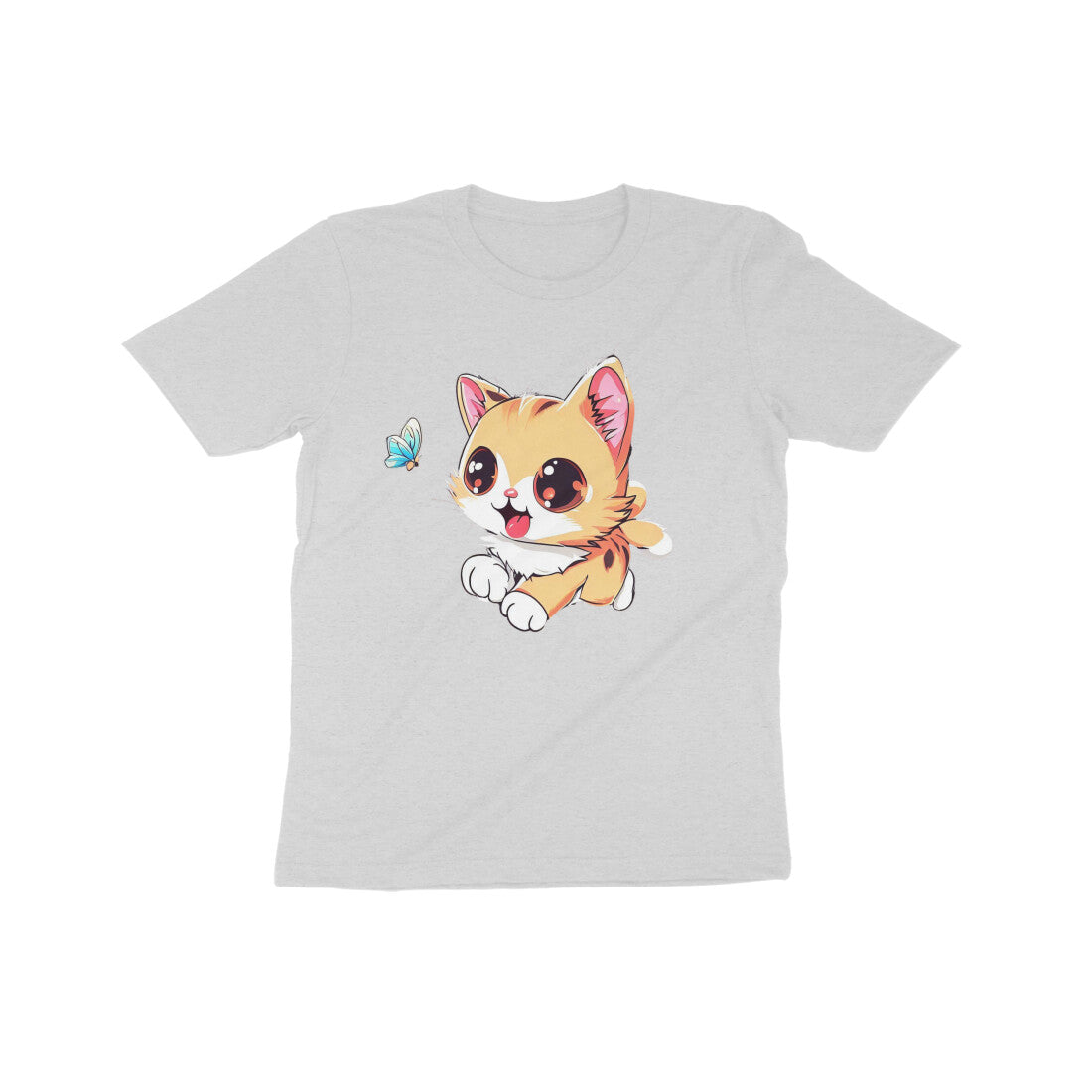 Whimsical Cat Chasing Butterfly: Kid's Round Neck T-Shirt - Adorable Design