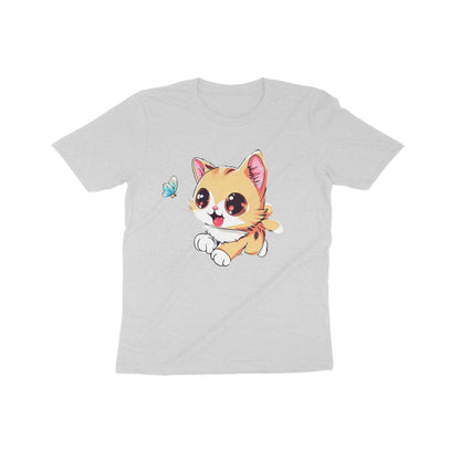 Whimsical Cat Chasing Butterfly: Kid's Round Neck T-Shirt - Adorable Design