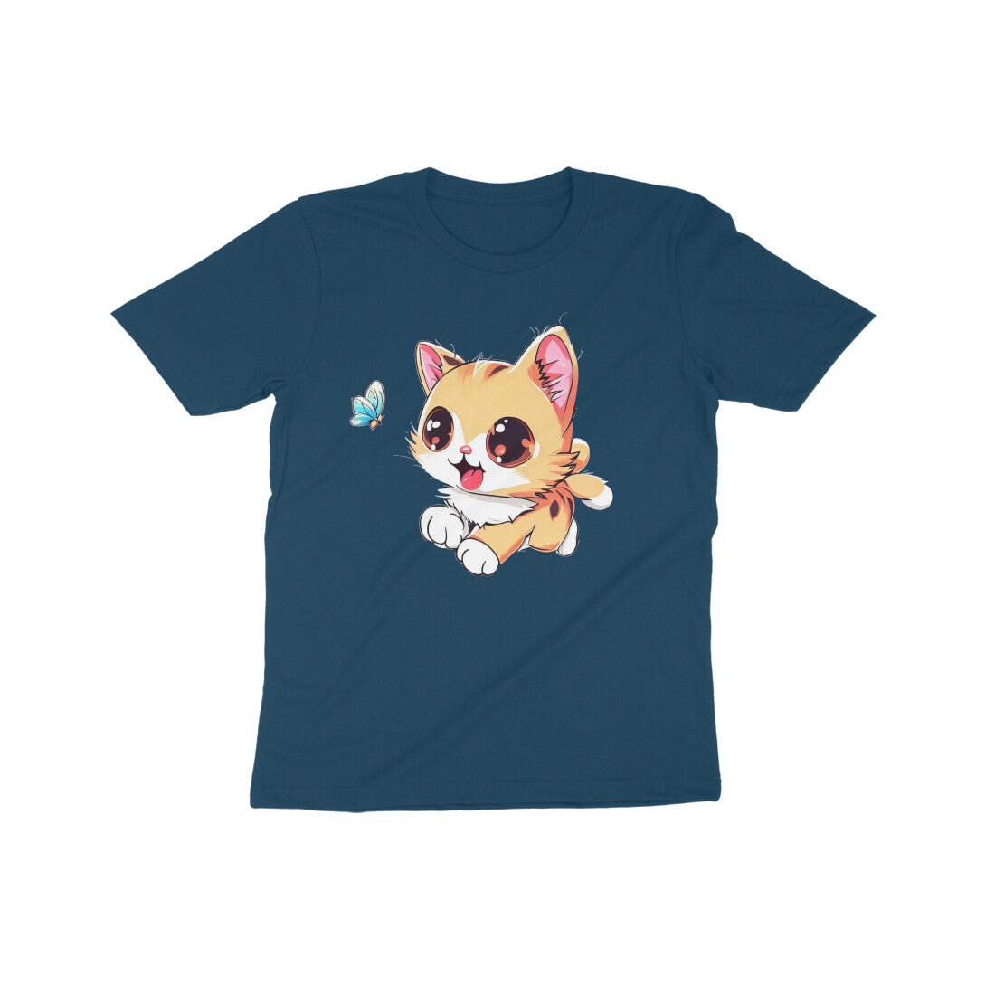 Whimsical Cat Chasing Butterfly: Kid's Round Neck T-Shirt - Adorable Design
