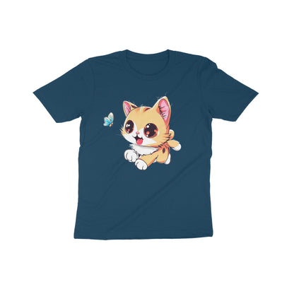 Whimsical Cat Chasing Butterfly: Kid's Round Neck T-Shirt - Adorable Design