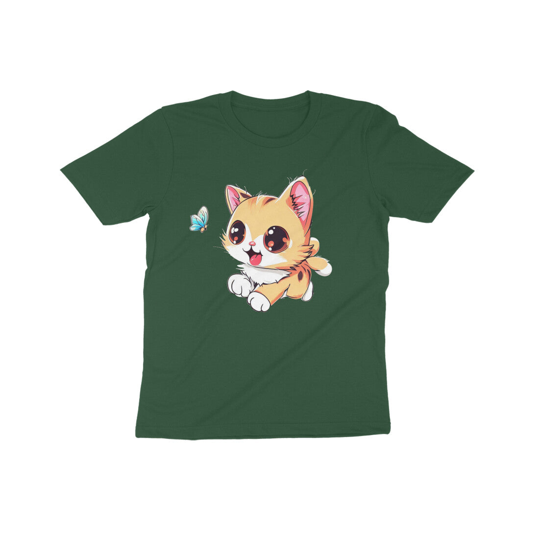 Whimsical Cat Chasing Butterfly: Kid's Round Neck T-Shirt - Adorable Design