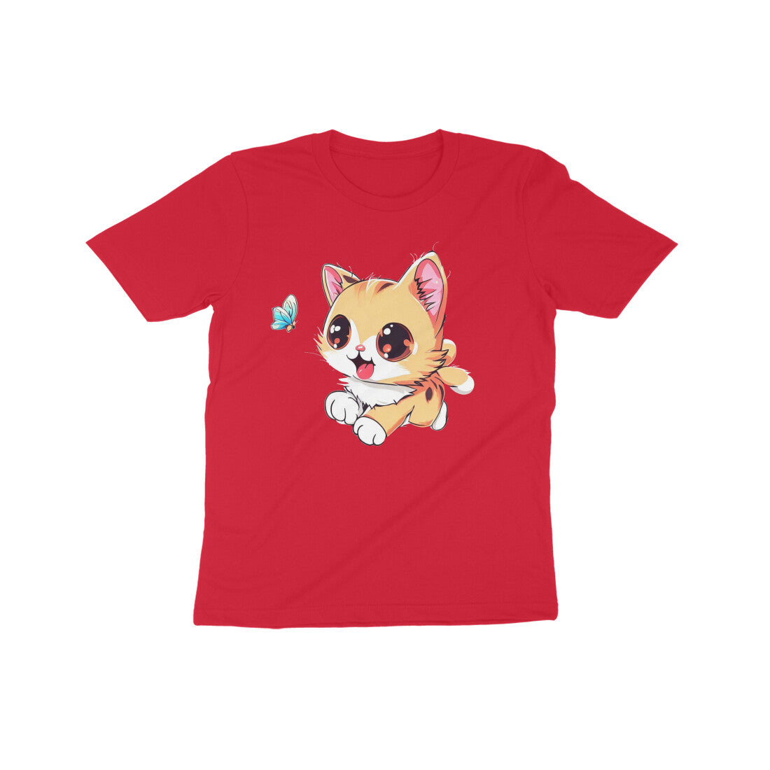 Whimsical Cat Chasing Butterfly: Kid's Round Neck T-Shirt - Adorable Design