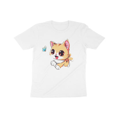 Whimsical Cat Chasing Butterfly: Kid's Round Neck T-Shirt - Adorable Design
